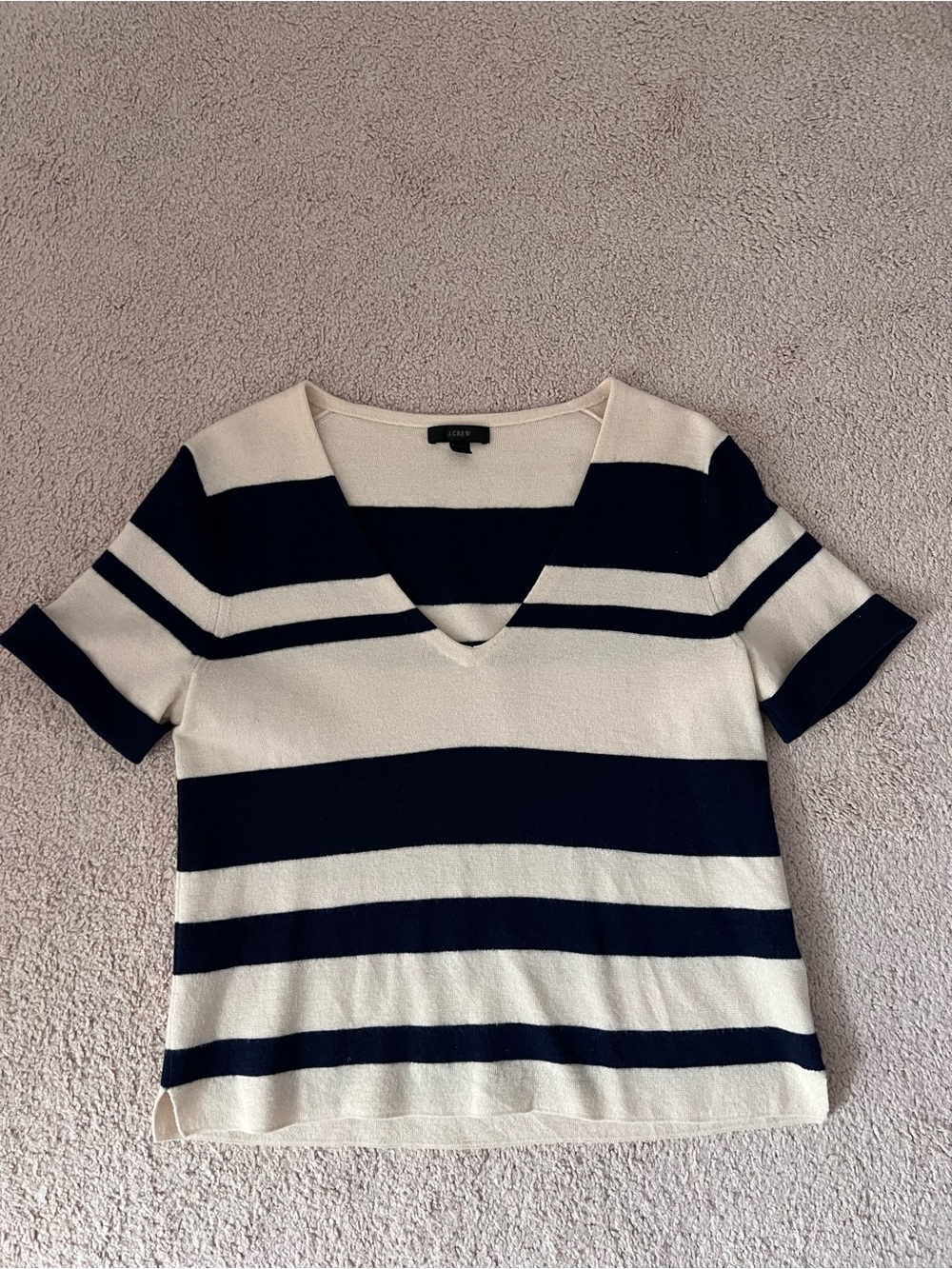 J. Crew Striped V-Neck Short Sleeve Top in Navy and Cream - 100% Merino Wool